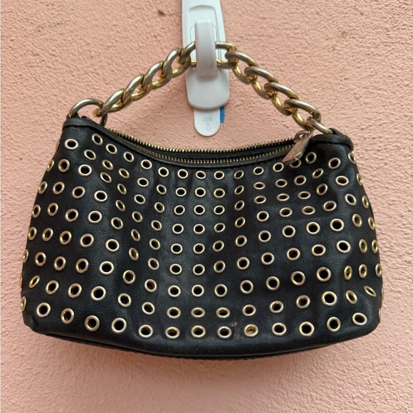 Michael Kors Silver Grommet Mini Purse with Chain Link Strap, Black, 8.5”x5”x 2” - Picture 1 of 12